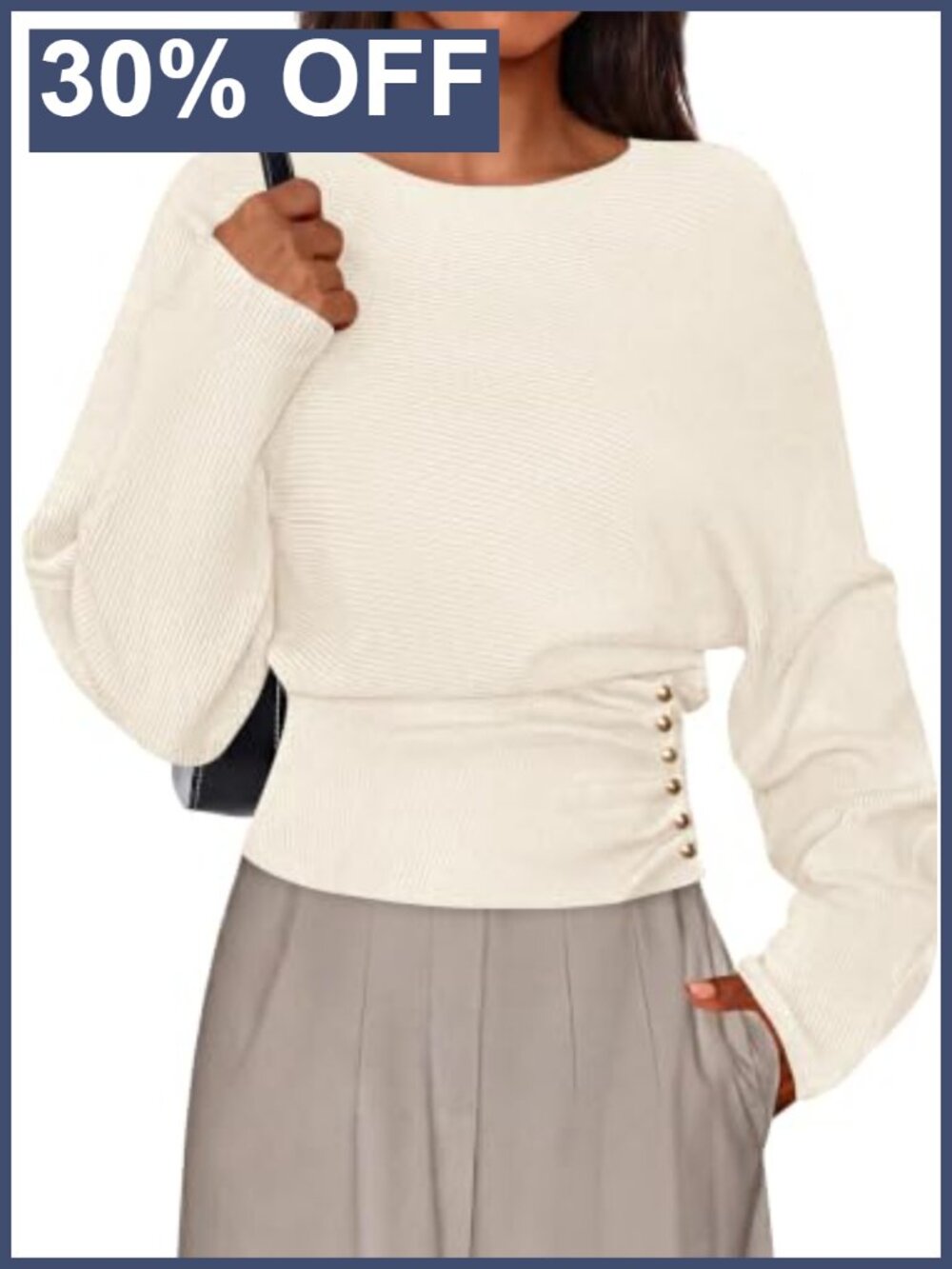 Batwing Sleeve Sweater Pullover Long Sleeve Cinched Waist Ribbed Knit
